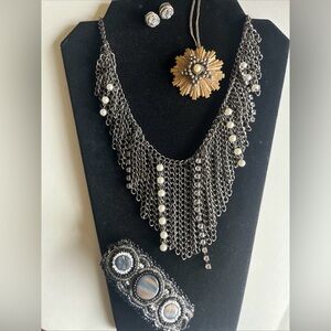 Vintage Jewelry Set~ Steampunk~Mixed Metals~Rhinestones~Pearls
